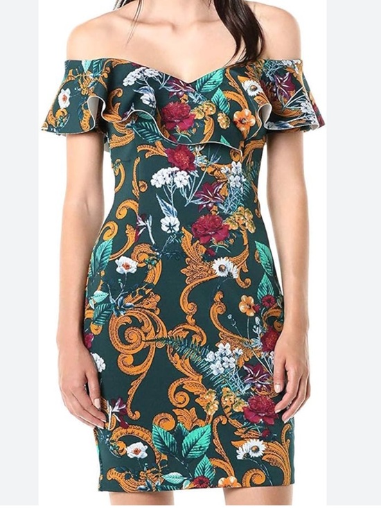 Guess Dresses & Skirts - Guess Green One-Shoulder Floral Baroque Ruffle Dress